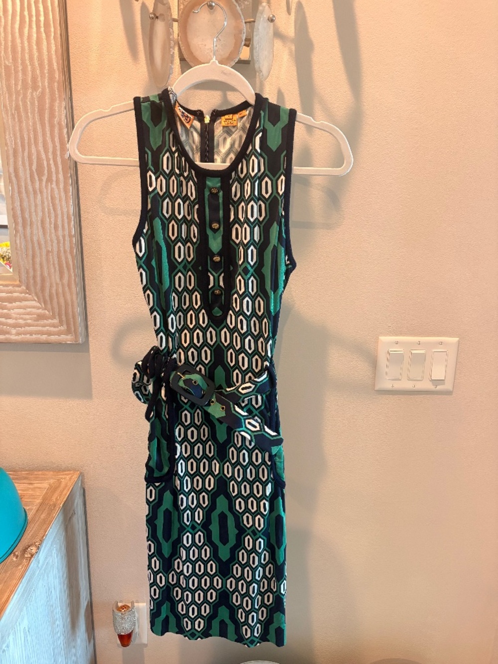 Tory Burch Silk Geometric Print Belted Sheath Dress